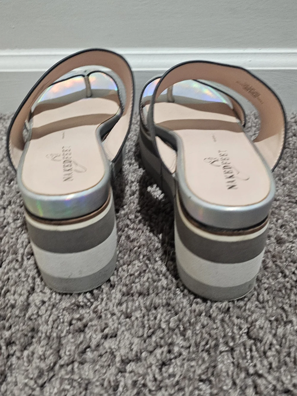 NAKED FEET Iridescent Platform Sandal - Silver SIZE 6.5 Space Age Nostalgia Y2k